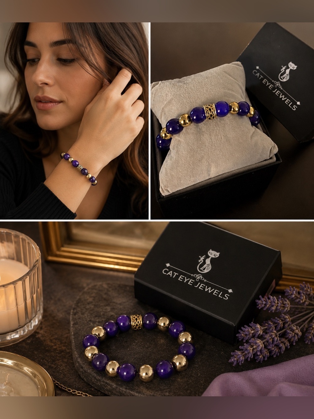 New Cat Eye Jewels Purple & Gold Beaded Celtic Knot Bracelet | Unisex Gift